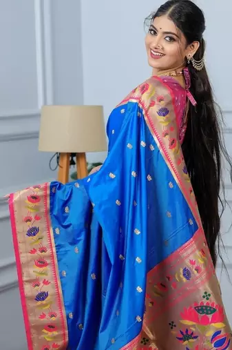 blue color weaving paithani gold copper zari weaving meenakari  border saree