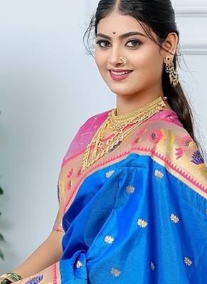 blue color weaving paithani gold copper zari weaving meenakari  border saree 3