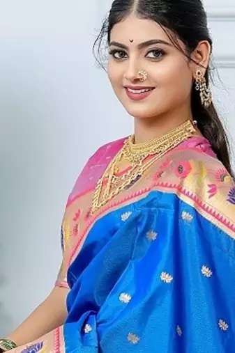 blue color weaving paithani gold copper zari weaving meenakari  border saree