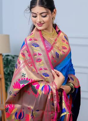 blue color weaving paithani gold copper zari weaving meenakari  border saree 5