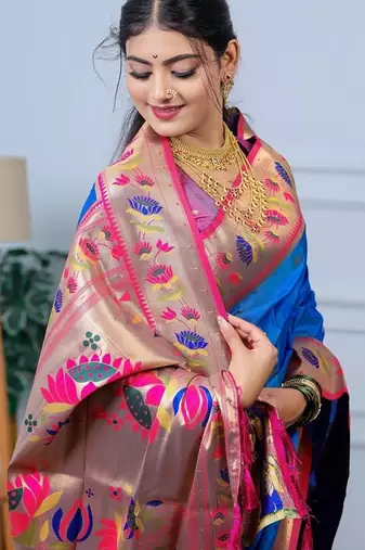 blue color weaving paithani gold copper zari weaving meenakari  border saree
