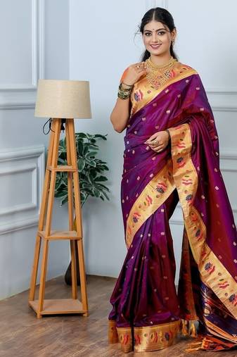 wine color weaving paithani gold copper zari weaving meenakari  border saree