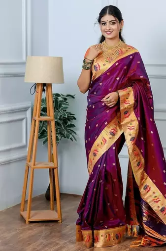wine color weaving paithani gold copper zari weaving meenakari  border saree