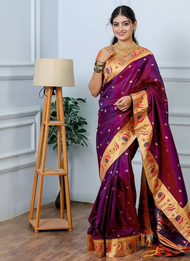 wine color weaving paithani gold copper zari weaving meenakari  border saree