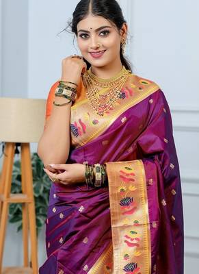 wine color weaving paithani gold copper zari weaving meenakari  border saree 2