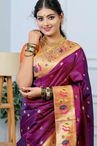 wine color weaving paithani gold copper zari weaving meenakari  border saree