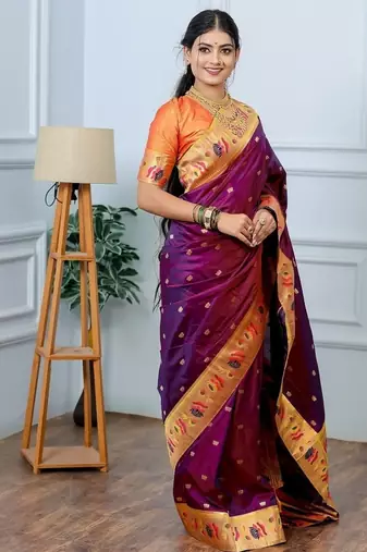 wine color weaving paithani gold copper zari weaving meenakari  border saree
