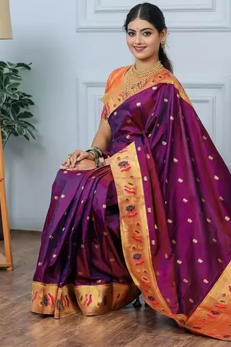 wine color weaving paithani gold copper zari weaving meenakari  border saree