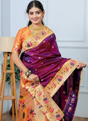 wine color weaving paithani gold copper zari weaving meenakari  border saree 5