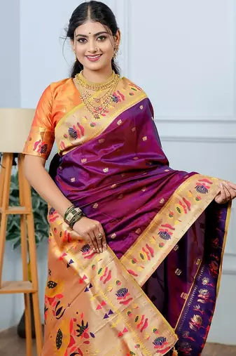 wine color weaving paithani gold copper zari weaving meenakari  border saree
