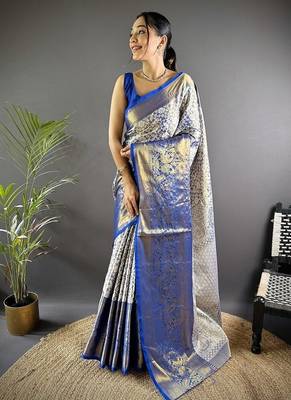 blue color zari weaving work kanjivaram tissue art silk blend saree 1