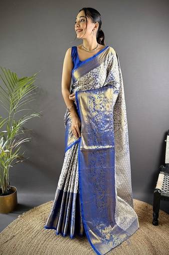 blue color zari weaving work kanjivaram tissue art silk saree