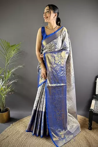 blue color zari weaving work kanjivaram tissue art silk saree
