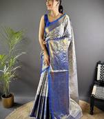 blue color zari weaving work kanjivaram tissue art silk saree