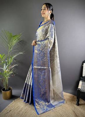 blue color zari weaving work kanjivaram tissue art silk blend saree 2