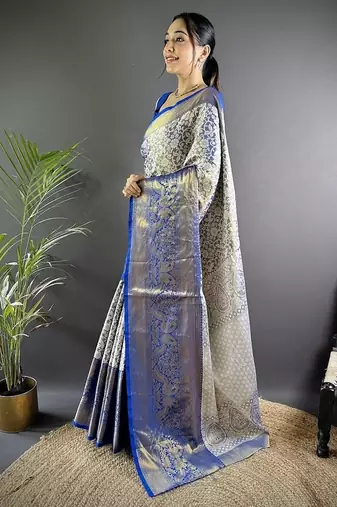blue color zari weaving work kanjivaram tissue art silk blend saree