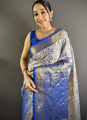 blue color zari weaving work kanjivaram tissue art silk blend saree 3