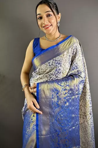 blue color zari weaving work kanjivaram tissue art silk blend saree