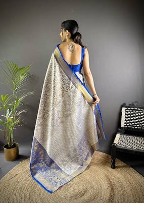blue color zari weaving work kanjivaram tissue art silk blend saree 4
