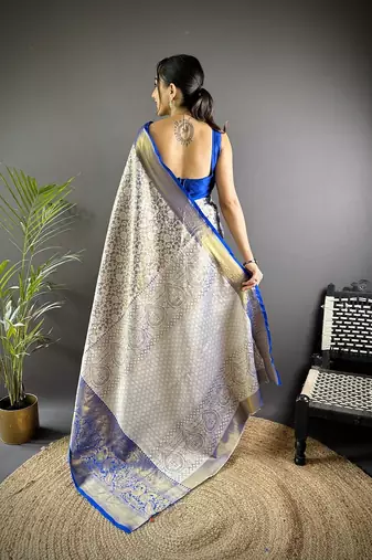 blue color zari weaving work kanjivaram tissue art silk blend saree
