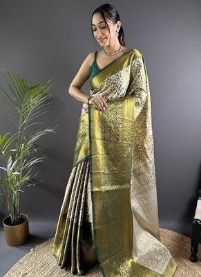 green color zari weaving work kanjivaram tissue art silk blend saree 1