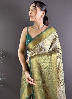 green color zari weaving work kanjivaram tissue art silk blend saree 2