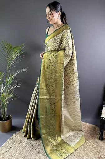 green color zari weaving work kanjivaram tissue art silk blend saree