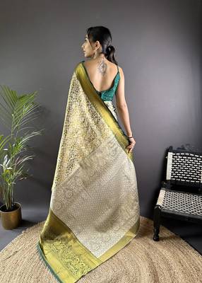 green color zari weaving work kanjivaram tissue art silk blend saree 4