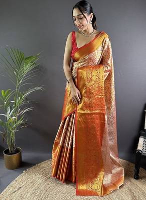 orange color zari weaving work kanjivaram tissue art silk blend saree 1
