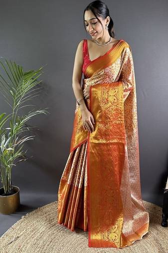 orange color zari weaving work kanjivaram tissue art silk saree