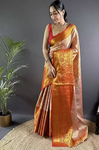 orange color zari weaving work kanjivaram tissue art silk saree