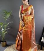 orange color zari weaving work kanjivaram tissue art silk saree