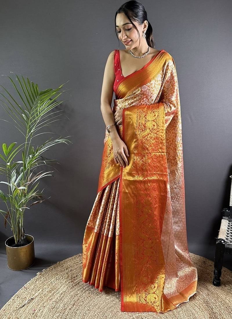 orange color zari weaving work kanjivaram tissue art silk saree