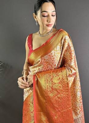 orange color zari weaving work kanjivaram tissue art silk blend saree 2