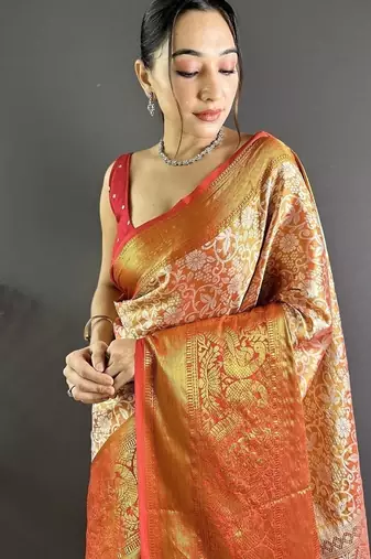 orange color zari weaving work kanjivaram tissue art silk blend saree