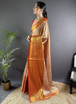 orange color zari weaving work kanjivaram tissue art silk blend saree 3