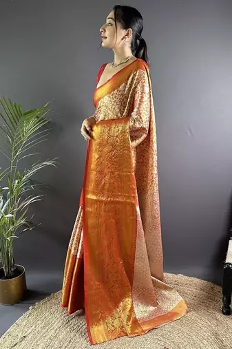 orange color zari weaving work kanjivaram tissue art silk blend saree