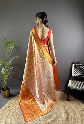 orange color zari weaving work kanjivaram tissue art silk blend saree 4