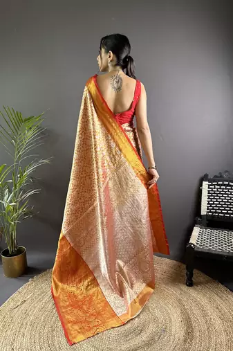 orange color zari weaving work kanjivaram tissue art silk blend saree