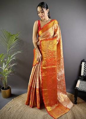orange zari weaving work kanjivaram tissue art silk blend saree 1