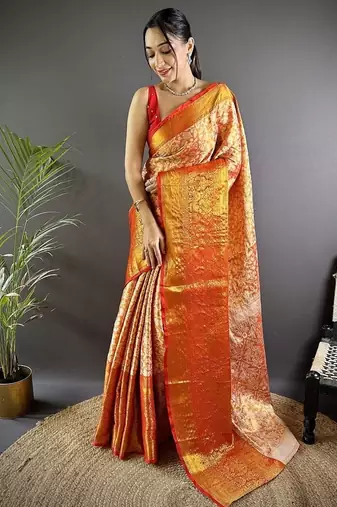 orange color zari weaving work kanjivaram tissue art silk saree