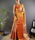 orange color zari weaving work kanjivaram tissue art silk saree