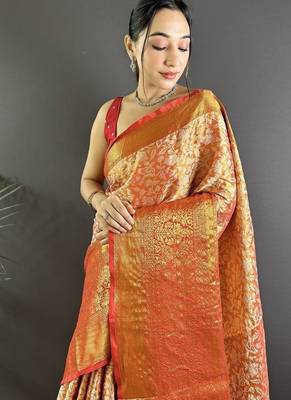 orange zari weaving work kanjivaram tissue art silk blend saree 2