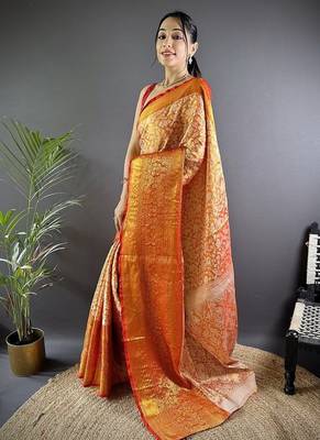 orange zari weaving work kanjivaram tissue art silk blend saree 3