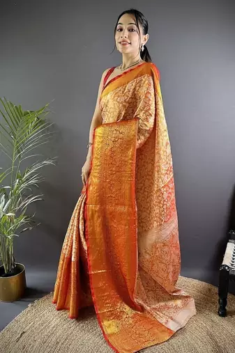 orange color zari weaving work kanjivaram tissue art silk blend saree