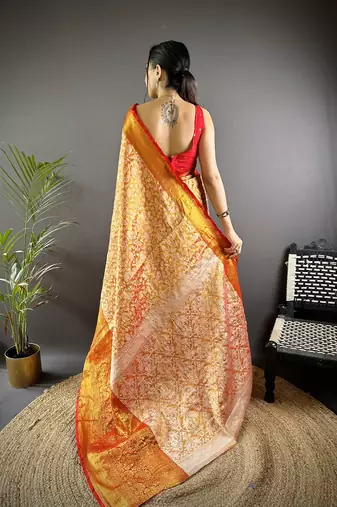 orange color zari weaving work kanjivaram tissue art silk blend saree