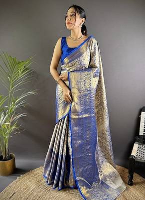 blue color zari weaving work kanjivaram tissue art silk blend saree 1