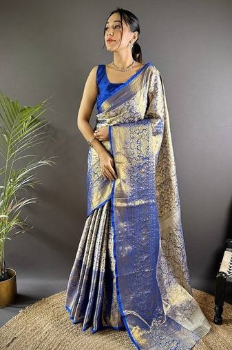 blue color zari weaving work kanjivaram tissue art silk saree