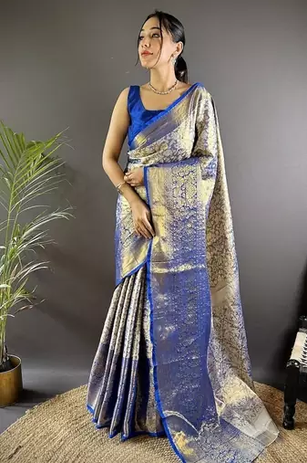 blue color zari weaving work kanjivaram tissue art silk saree