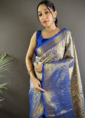blue color zari weaving work kanjivaram tissue art silk blend saree 2